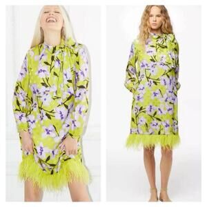 Carolina Herrera Silk Mini Dress M Feathers Long Sleeve Green Floral Neck Tie